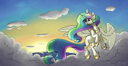 Size: 3860x1986 | Tagged: safe, artist:silverhopexiii, princess celestia, alicorn, pony, cloud, female, flying, mare, ocean, solo, sun