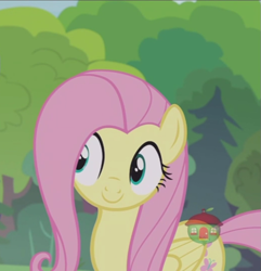 Size: 739x767 | Tagged: safe, screencap, fluttershy, pegasus, pony, fluttershy leans in, c:, cropped, cute, female, forest, happy, mare, shyabetes, smiling, solo, treehouse logo, wings