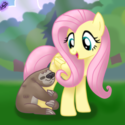 Size: 1500x1500 | Tagged: safe, artist:liniitadash23, fluttershy, lola the sloth, pegasus, pony, sloth, fluttershy leans in, cute, duo, eyes closed, female, grass, hug, looking back, mare, shyabetes, tree