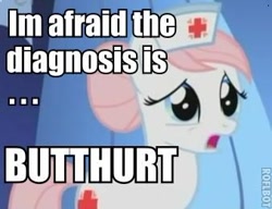 Size: 338x259 | Tagged: safe, nurse redheart, artifact, butthurt, caption, diagnosis, image macro, reaction image, solo