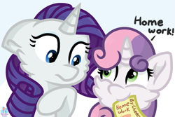 Size: 1421x949 | Tagged: safe, artist:rainbow eevee, rarity, sweetie belle, pony, unicorn, atg 2019, dialogue, duo, female, homework, mouth hold, newbie artist training grounds, paper, siblings, simple background, sisters, white background