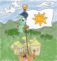 Size: 900x973 | Tagged: safe, artist:ambrosebuttercrust, lyra heartstrings, flag, flagpole, pole, sitting lyra