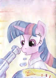 Size: 1141x1581 | Tagged: safe, artist:frostenstein, derpibooru import, twilight sparkle, clothes, microscope, solo, traditional art