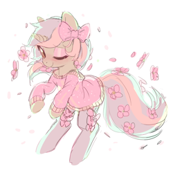 Size: 800x800 | Tagged: safe, artist:mewball, lyra heartstrings, pony, unicorn, bow, clothes, cute, female, flower, hair bow, lyrabetes, mare, simple background, solo, sweater, white background, wink