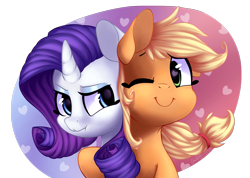 Size: 2556x1819 | Tagged: safe, artist:gumlball, applejack, rarity, earth pony, pony, unicorn, female, lesbian, rarijack, shipping, smiling, wink