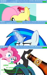 Size: 749x1200 | Tagged: safe, derpibooru import, screencap, dj pon-3, fluttershy, pinkie pie, queen chrysalis, vinyl scratch, bird, changeling, changeling queen, earth pony, pegasus, pony, beer, derpibooru, female, glasses, hater, house finch, meta