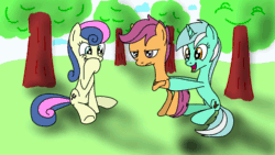 Size: 960x540 | Tagged: safe, artist:rndfax, bon bon, lyra heartstrings, scootaloo, sweetie drops, chicken, abuse, animated, bon bon is amused, scootabuse, scootachicken