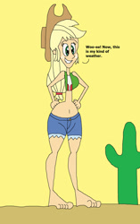 Size: 1024x1630 | Tagged: safe, artist:hunterxcolleen, applejack, human, equestria girls, belly button, bikini, bikini top, cactus, clothes, desert, feet, humanized, sand, shorts, swimsuit, talking