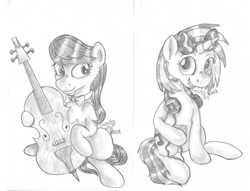 Size: 1024x784 | Tagged: safe, artist:inurantchan, dj pon-3, octavia melody, vinyl scratch, earth pony, pony, cello, headphones, monochrome, musical instrument, traditional art