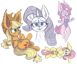 Size: 1280x1067 | Tagged: safe, artist:heir-of-rick, applejack, fluttershy, pinkie pie, rarity, anthro, unguligrade anthro, alternative cutie mark placement, banjo, breasts, clothes, cute, facial cutie mark, female, impossibly large ears, midriff cutie mark, musical instrument, one-piece swimsuit, pinkie pies, sketch, swimsuit