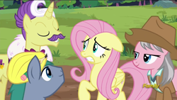 Size: 1920x1080 | Tagged: safe, screencap, dandy grandeur, fluttershy, hard hat (character), wrangler, pegasus, pony, fluttershy leans in, discovery family logo, hard hat, hat