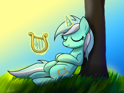 Size: 1626x1227 | Tagged: safe, artist:dawnmistpony, lyra heartstrings, pony, unicorn, leaning back, lyre, sleeping, solo, tree