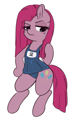 Size: 1227x1920 | Tagged: safe, artist:wickedsilly, pinkie pie, pony, bipedal, clothes, female, lidded eyes, mare, one-piece swimsuit, pinkamena diane pie, school swimsuit, simple background, solo, swimsuit, unamused