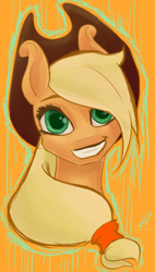 Size: 1500x2650 | Tagged: safe, artist:thegraid, applejack, earth pony, pony, bust, grin, looking at you, portrait, simple background, solo