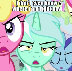 Size: 547x544 | Tagged: safe, edit, edited screencap, screencap, cherry berry, lyra heartstrings, merry may, minuette, neon lights, rising star, unicorn, the super speedy cider squeezy 6000, blue hair, green hair, highra, horn, image macro, tail