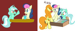 Size: 900x383 | Tagged: safe, artist:bambooharvester, artist:okami-ano-usagi, bon bon, carrot top, golden harvest, lyra heartstrings, sweetie drops, bon bon is not amused, carrot, negotiating, saddle bag, scene interpretation, shopping, smoothie, table, working