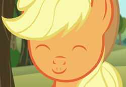 Size: 468x324 | Tagged: safe, edit, edited screencap, screencap, applejack, earth pony, pony, no second prances, anime eyes, faic, happy, inverted mouth, neurotically yours, smiling