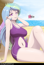 Size: 678x1000 | Tagged: safe, alternate version, artist:clouddg, princess celestia, principal celestia, equestria girls, armpits, beach, belly button, big breasts, breasts, clothes, female, human coloration, navel cutout, ocean, one-piece swimsuit, praise the sun, princess breastia, sand, sexy, signature, solo, stupid sexy celestia, swimsuit, thighs