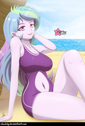 Size: 678x1000 | Tagged: safe, artist:clouddg, princess celestia, principal celestia, equestria girls, armpits, beach, belly button, big breasts, breasts, clothes, female, navel cutout, ocean, one-piece swimsuit, praise the sun, princess breastia, sand, sexy, signature, solo, swimsuit, thighs