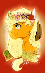 Size: 1024x1638 | Tagged: safe, artist:p2ychotiic-art, applejack, earth pony, pony, bust, floral head wreath, portrait, solo