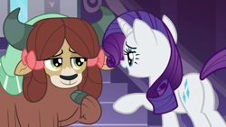 Size: 1920x1080 | Tagged: safe, screencap, rarity, yona, pony, unicorn, yak, she's all yak, bedroom eyes, bow, butt, cloven hooves, duo, female, hair bow, mare, monkey swings, plot