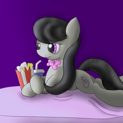 Size: 2600x2600 | Tagged: safe, artist:flashiest lightning, octavia melody, earth pony, pony, bed, female, mare, movies, popcorn, prone, sheet, soda, solo