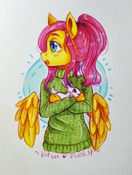 Size: 3120x4160 | Tagged: safe, artist:kitsu-chan11, fluttershy, anthro, rabbit, absurd resolution, blushing, clothes, female, open mouth, solo, sweater, sweatershy, traditional art