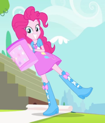 Size: 323x380 | Tagged: safe, screencap, pinkie pie, equestria girls, pinkie on the one, rainbow rocks, balloon, banner, boots, bracelet, clothes, cute, diapinkes, grin, high heel boots, jewelry, mountain, raised leg, skirt, smiling