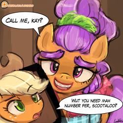 Size: 750x750 | Tagged: safe, artist:lumineko, applejack, plaid stripes, earth pony, pony, the saddle row review, lipstick, makeup, mistaken identity, patreon, patreon logo