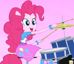 Size: 787x685 | Tagged: safe, screencap, pinkie pie, equestria girls, rainbow rocks, balloon, better than ever, boots, bracelet, clothes, cymbals, drum kit, drums, drumsticks, hi-hat, high heel boots, jewelry, musical instrument, pink background, ponied up, pony ears, simple background, skirt