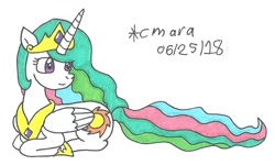 Size: 1146x689 | Tagged: safe, artist:cmara, princess celestia, alicorn, pony, female, horn, mare, multicolored mane, solo, traditional art, white coat