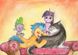 Size: 2301x1624 | Tagged: safe, artist:souleatersaku90, derpibooru import, flash sentry, spike, twilight sparkle, twilight sparkle (alicorn), oc, oc:fox trot, alicorn, dragon, pony, wolf, :t, awkward, awkward moment, bedroom eyes, blushing, butthug, commission, drool, eating, fanfic art, female, frown, gay, hug, interspecies, male, mare, open mouth, sleeping, smiling, the simple life, traditional art, watercolor painting, wide eyes