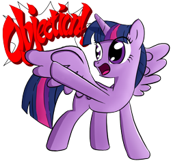 Size: 3700x3500 | Tagged: safe, artist:thealjavis, derpibooru import, twilight sparkle, twilight sparkle (alicorn), alicorn, pony, ace attorney, female, mare, objection, simple background, solo, spread wings, transparent background