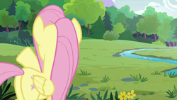 Size: 1280x720 | Tagged: safe, screencap, fluttershy, pegasus, pony, fluttershy leans in, female, mare, plot, raised hoof, river, solo