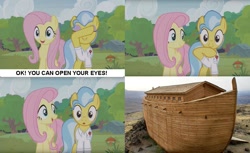 Size: 911x559 | Tagged: safe, doctor fauna, fluttershy, pegasus, pony, fluttershy leans in, ark, meme, noah's ark, white shirt