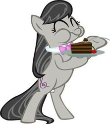 Size: 338x380 | Tagged: safe, octavia melody, earth pony, pony, bipedal, cake, fork, magnet hoof, simple background, solo, white background