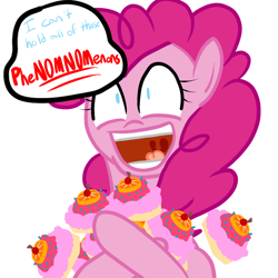 Size: 1000x1000 | Tagged: safe, artist:bennimarru, pinkie pie, earth pony, pony, 30 minute art challenge, food, phenomnomenons, solo, why can't i hold all these x