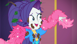 Size: 1906x1080 | Tagged: safe, screencap, rarity, better together, choose your own ending, equestria girls, lost and pound, lost and pound: rarity, cute, feather boa, female, happy, leaves, mud, muddy, raribetes, smiling, solo