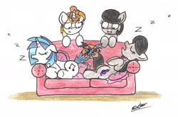 Size: 2070x1366 | Tagged: safe, artist:bobthedalek, dj pon-3, octavia melody, vinyl scratch, oc, oc:mixed melody, oc:octavia's mother, oc:vinyl's mother, earth pony, pony, unicorn, backwards cutie mark, cushion, female, magic, prank, sleeping, up to no good