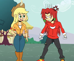 Size: 2665x2220 | Tagged: safe, artist:mlp-vector-collabs, artist:satoshitakeo, applejack, human, angry, crossover, humanized, knuckles the echidna, sonic the hedgehog (series)