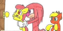 Size: 1032x507 | Tagged: safe, artist:cmara, apple bloom, applejack, earth pony, pony, crossover, holding a pony, knuckles the echidna, sonic the hedgehog (series), traditional art