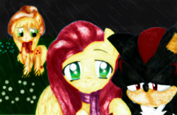 Size: 2417x1578 | Tagged: safe, artist:simsvaleria, applejack, fluttershy, earth pony, pegasus, pony, crossover, rain, shadow the hedgehog, sonic the hedgehog (series)