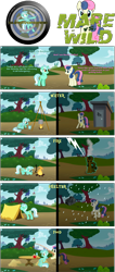 Size: 1267x2996 | Tagged: safe, bon bon, lyra heartstrings, sweetie drops, apple, campfire, comic, fishing rod, food, mare vs wild, muffin, outhouse, rain, sandwich, survivormare, tent, umbrella, urine