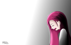 Size: 1500x960 | Tagged: safe, artist:linlaifeng, pinkie pie, human, clothes, crying, eyes closed, female, gradient background, humanized, open mouth, pinkamena diane pie, sad, signature, solo