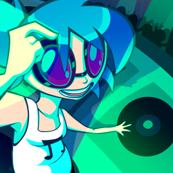 Size: 800x800 | Tagged: safe, artist:ceebers, dj pon-3, vinyl scratch, humanized, record, solo