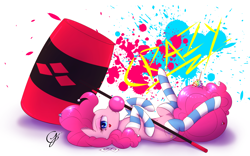 Size: 1920x1200 | Tagged: safe, artist:laptop-pone, pinkie pie, earth pony, pony, belly button, bubblegum, clothes, crossover, food, gum, hammer, harley quinn, heart, heart eyes, on back, sign, socks, solo, striped socks