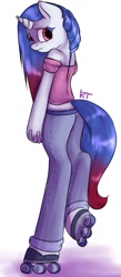 Size: 445x1024 | Tagged: safe, artist:yukomaussi, oc, oc only, anthro, unicorn, anthro oc, clothes, midriff, rollerblades, solo