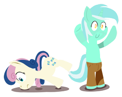 Size: 2000x1592 | Tagged: safe, artist:okami-ano-usagi, bon bon, lyra heartstrings, sweetie drops, earth pony, pony, unicorn, bipedal, clothes, cow tipping, pants, simple background, smiling, transparent background