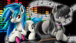 Size: 1920x1080 | Tagged: safe, artist:robbergon, dj pon-3, octavia melody, vinyl scratch, earth pony, pony, unicorn, black mane, female, gray coat, horn, mare, two toned mane, white coat