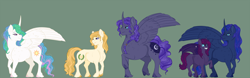 Size: 1600x498 | Tagged: safe, artist:ganashiashaka, princess celestia, princess luna, oc, oc:serena, oc:somnium, oc:viola noctre, alicorn, earth pony, pony, female, filly, male, offspring, parent:night guard, parent:princess celestia, parent:princess luna, parent:rockhoof, parent:star swirl the bearded, parents:guardluna, parents:lunaswirl, stallion